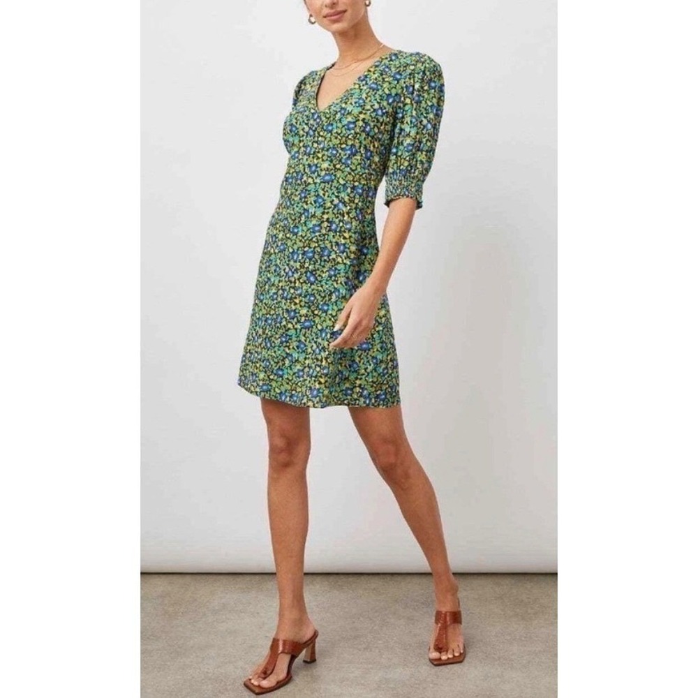 Rails Roma Abstract Floral V-Neck Mini Dress Blue Green Yellow‎ Puff Sleeve XS
